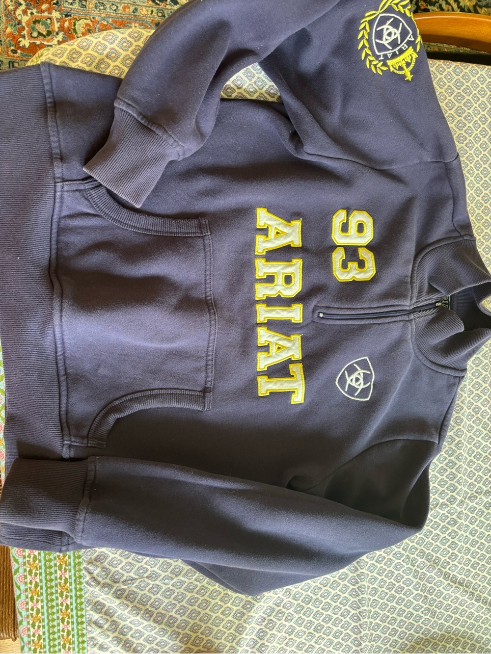 Ariat Navy Blue Quarter-Zip Sweatshirt with Yellow Appliqué